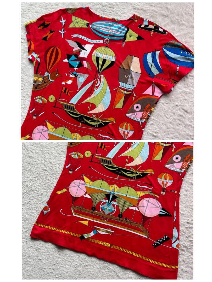 【美品】エルメス Tシャツ 気球 飛行船 大空の狂気 レッド M ヴィンテージ