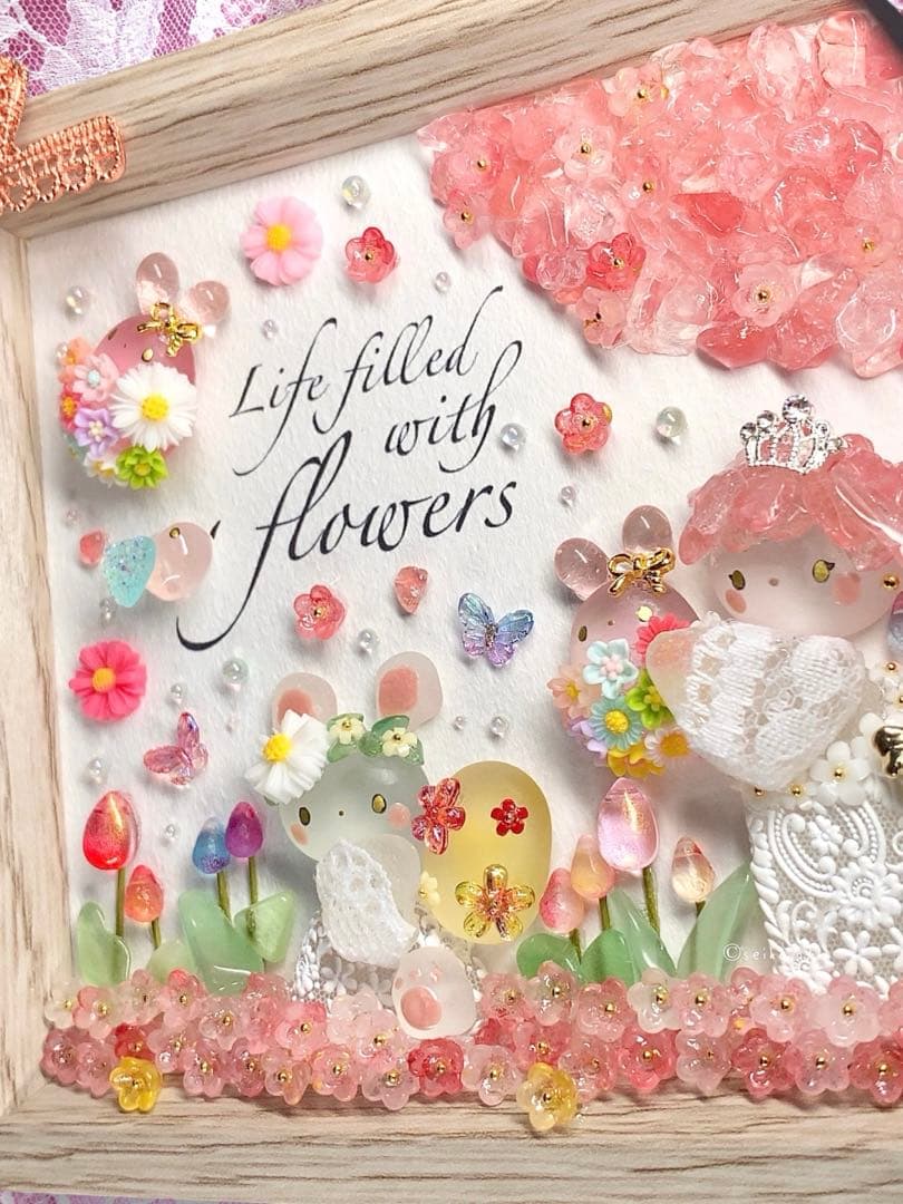 1249 春爛漫イースター 桜とお花畑 フラワーインテリアシーグラスアート 飾り