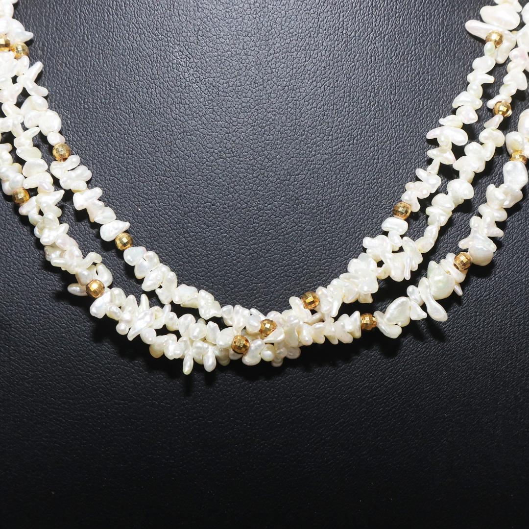 天然 淡水パール 真珠 3連 ネックレス 　全長 42㎝