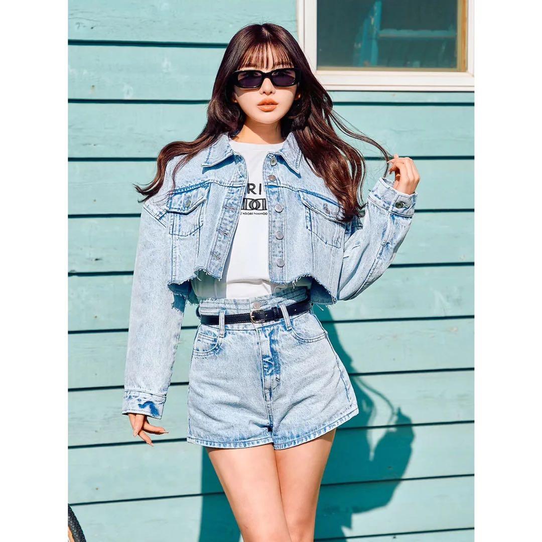 新品タグ ドロップショルダーショートGジャン ハイウエストデニムショートパンツ