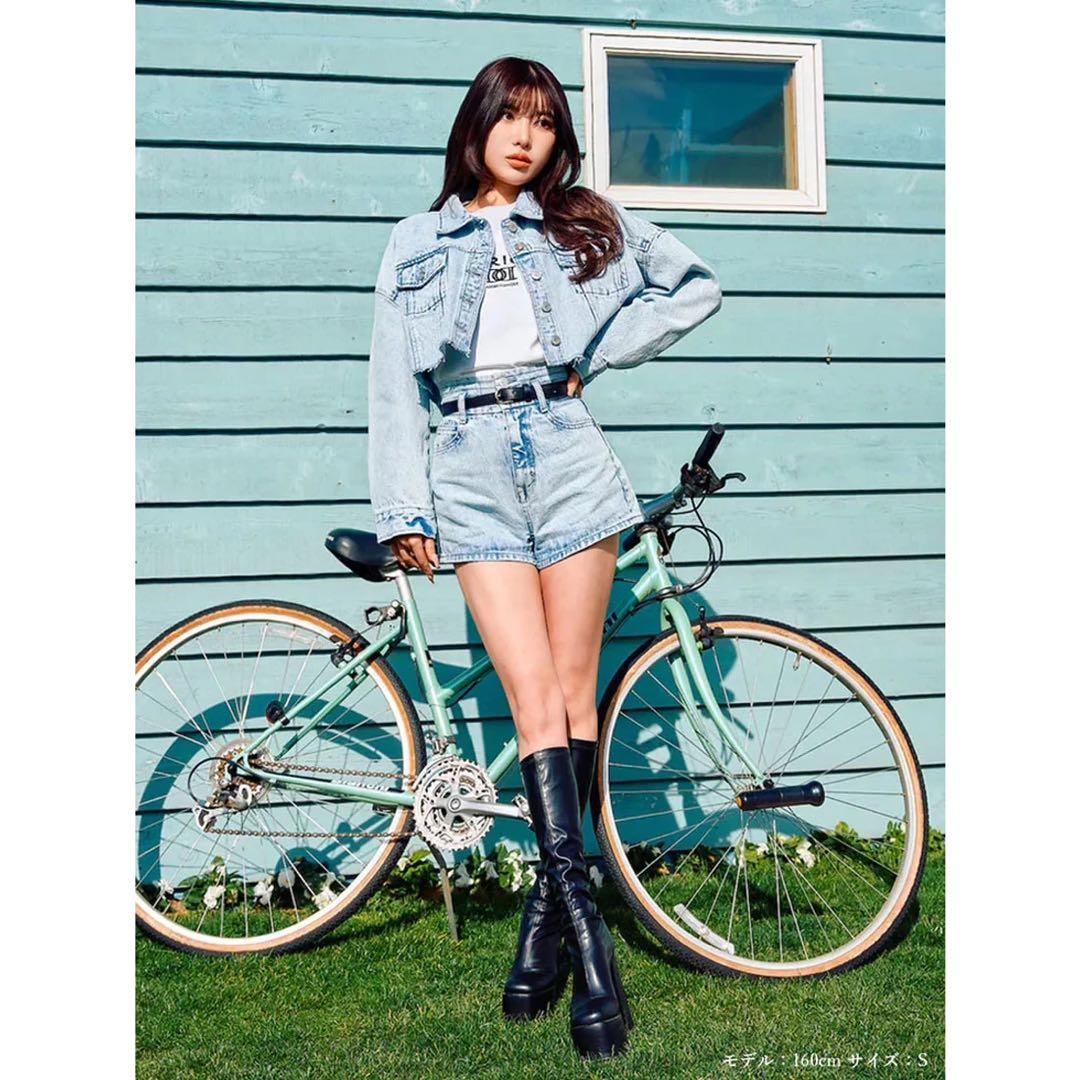 新品タグ ドロップショルダーショートGジャン ハイウエストデニムショートパンツ