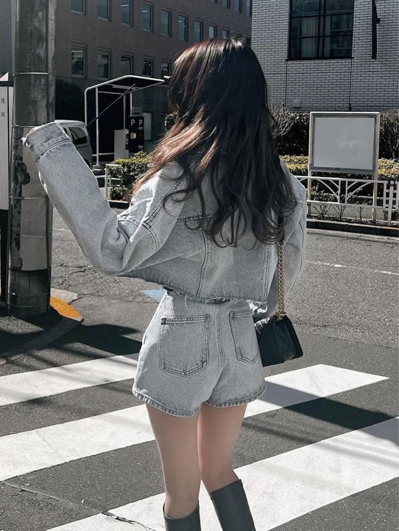 新品タグ ドロップショルダーショートGジャン ハイウエストデニムショートパンツ