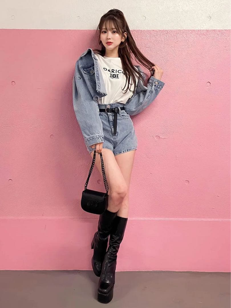 新品タグ ドロップショルダーショートGジャン ハイウエストデニムショートパンツ