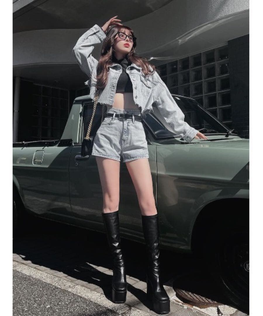 新品タグ ドロップショルダーショートGジャン ハイウエストデニムショートパンツ