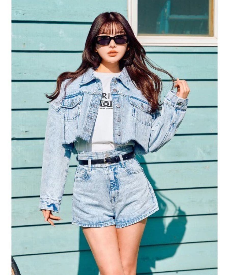 新品タグ ドロップショルダーショートGジャン ハイウエストデニムショートパンツ