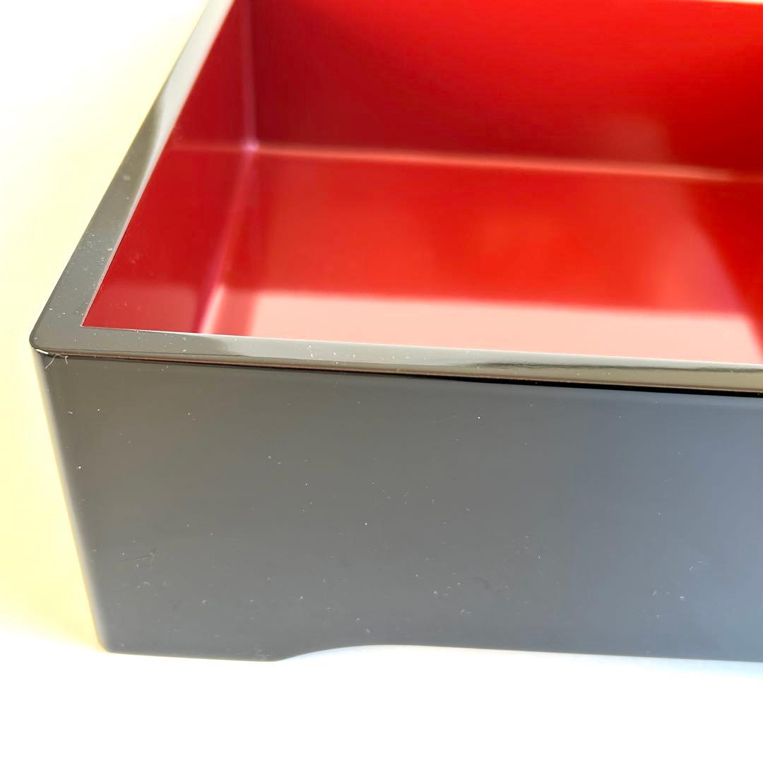 【美品】木製 漆器 三段重 黒塗 重箱 お重 黒 内朱 会津塗り