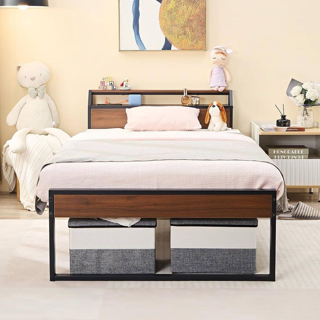 ベッドフレーム シングル 2口コンセント USB充電付き スチールベッド 収納