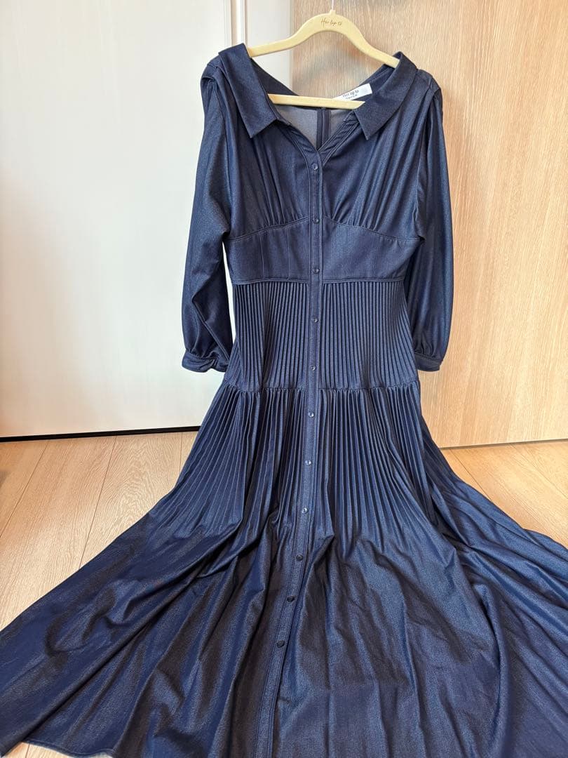 美品　Pleated Open Shirt Dress indigo M
