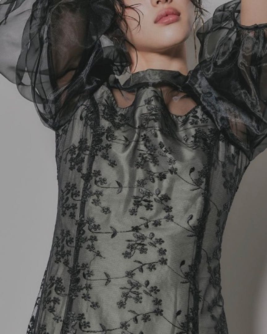 極品‼️niana オーガンジーパフスリーブ刺繍レースオケージョンドレス　Mサイズ