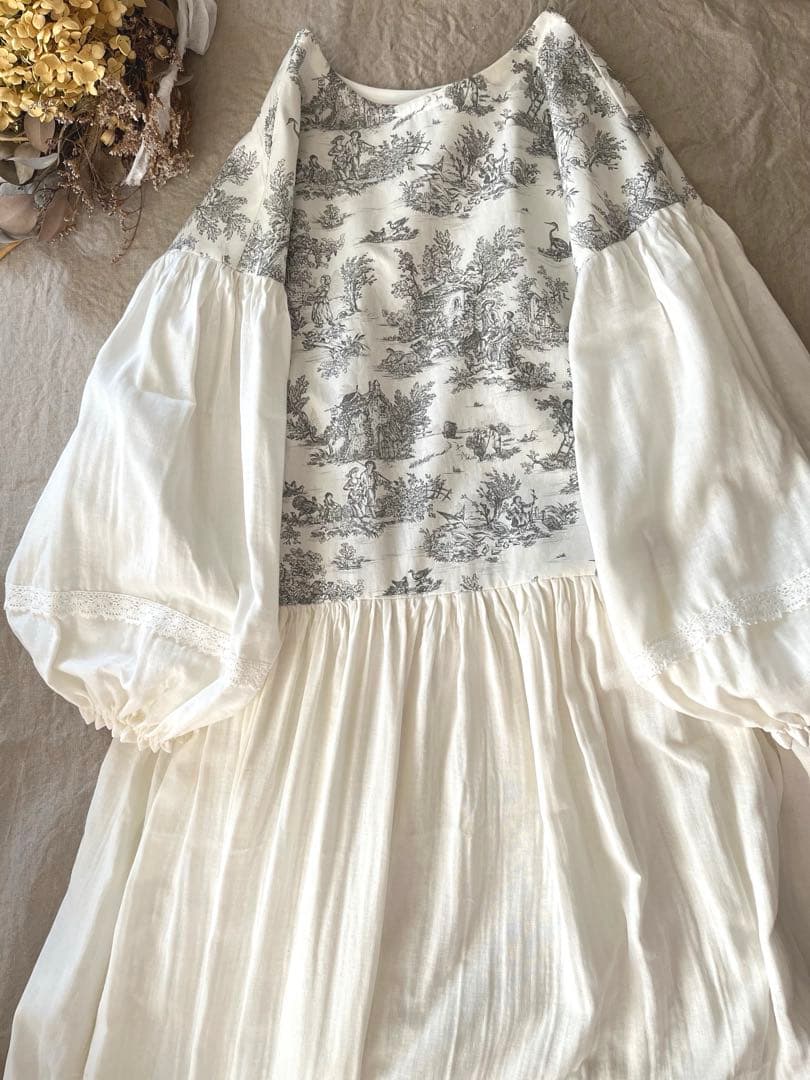 トワルドジュイ柄&ダブルガーゼマキシ丈ローウエストギャザーワンピース。.＊