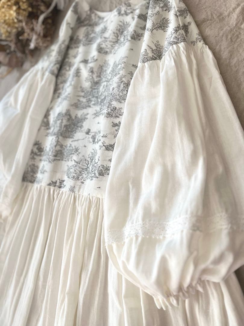 トワルドジュイ柄&ダブルガーゼマキシ丈ローウエストギャザーワンピース。.＊