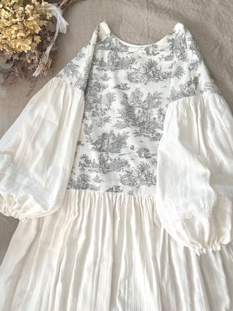 トワルドジュイ柄&ダブルガーゼマキシ丈ローウエストギャザーワンピース。.＊