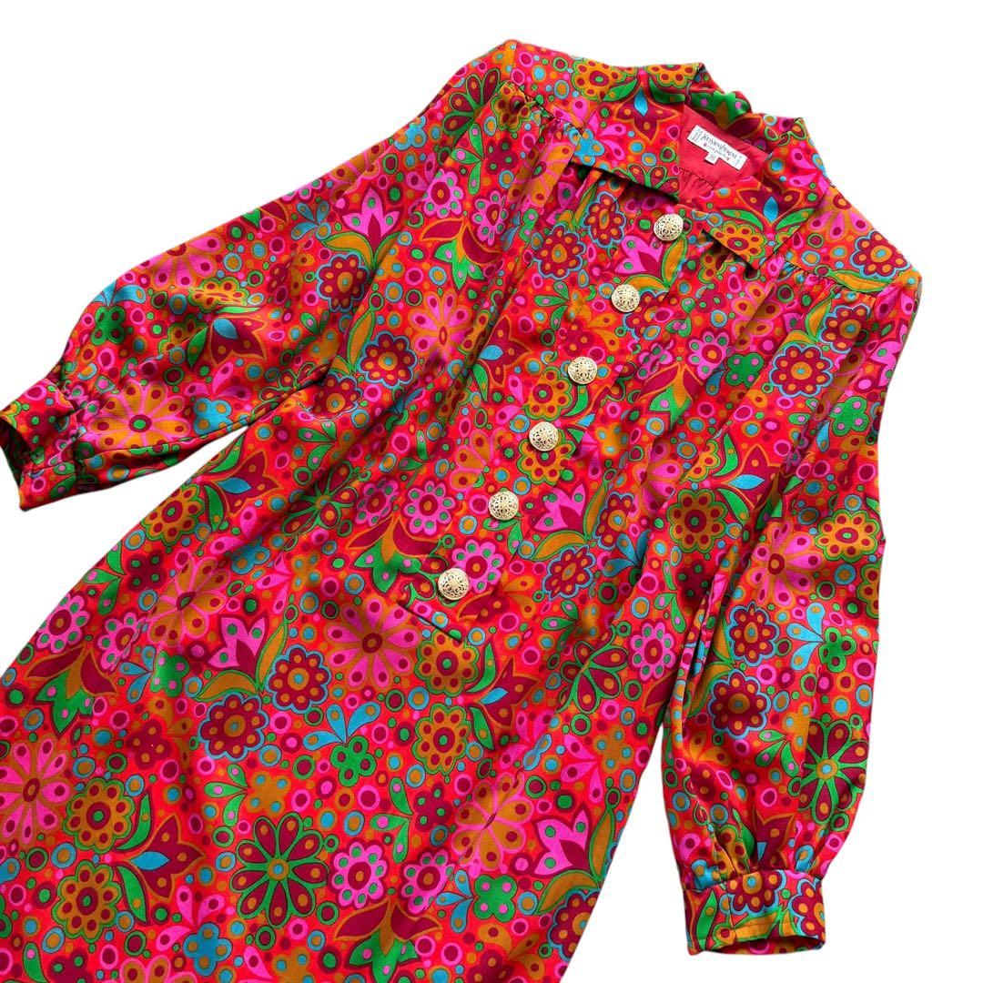 1990AW イヴサンローラン フローラル 長袖 ドレスワンピース フランス製