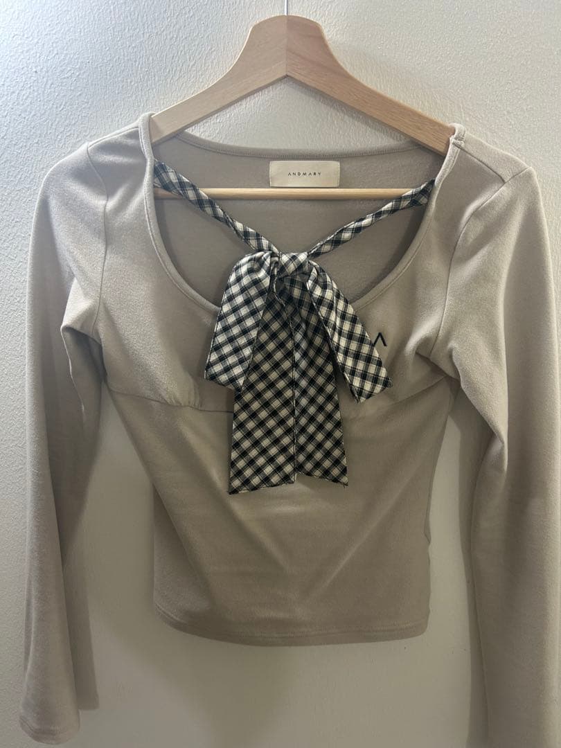 トップス andmary Ami ribbon check tops / beige