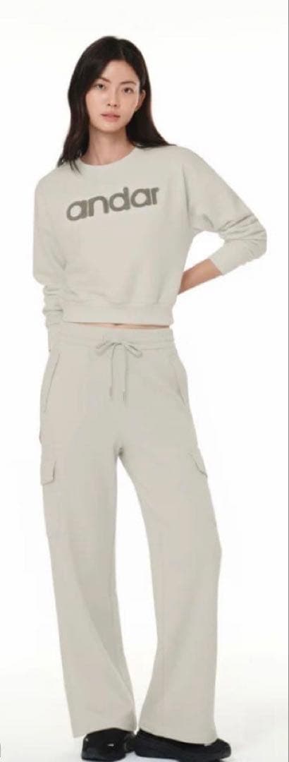 【Mii】andar Airy Fit裏起毛ワイドパンツ Lホワイトムスク