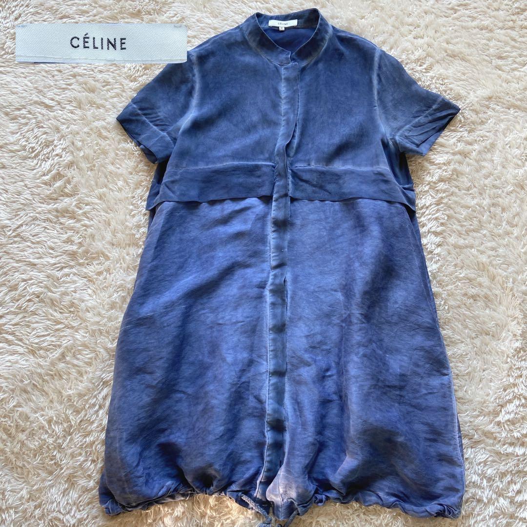 セリーヌ　フィービー期　シルクチュニック　むら染めインディゴ　バルーン　M 半袖