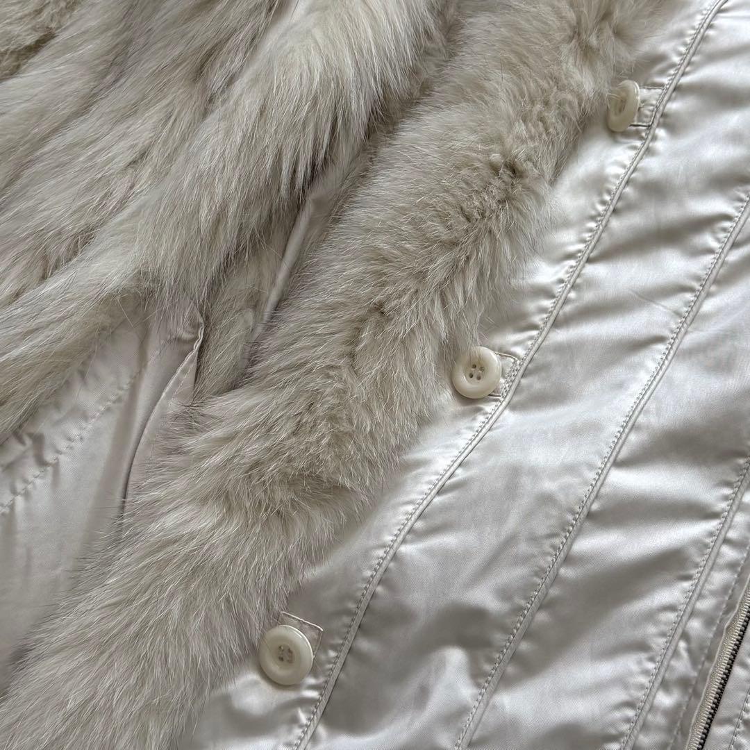 美品 ブルーフォックス フード ロングコート 毛皮 ベルト トレンチ ホワイト