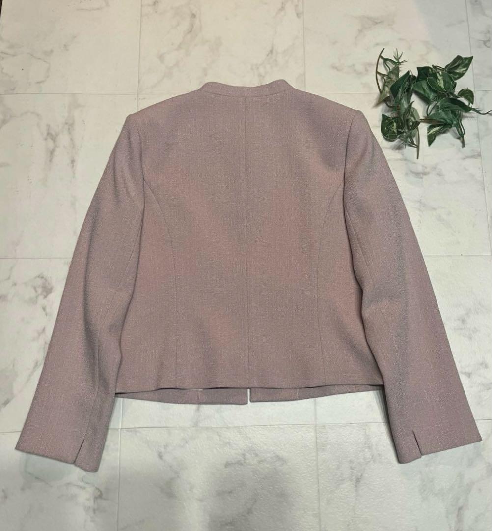 極美品　ハナエモリ　ノーカラージャケット　レース　サイズ40 シボ加工　薄ピンク