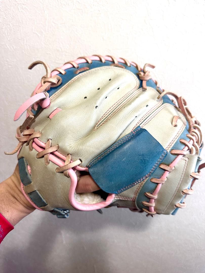 現価格即決ミズノプロ オーダー硬式キャッチャーミットベージュ青ピンク