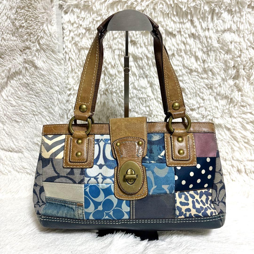 【希少】コーチ　パッチワーク ハンドバッグ ターソロック　デニム 青　10816