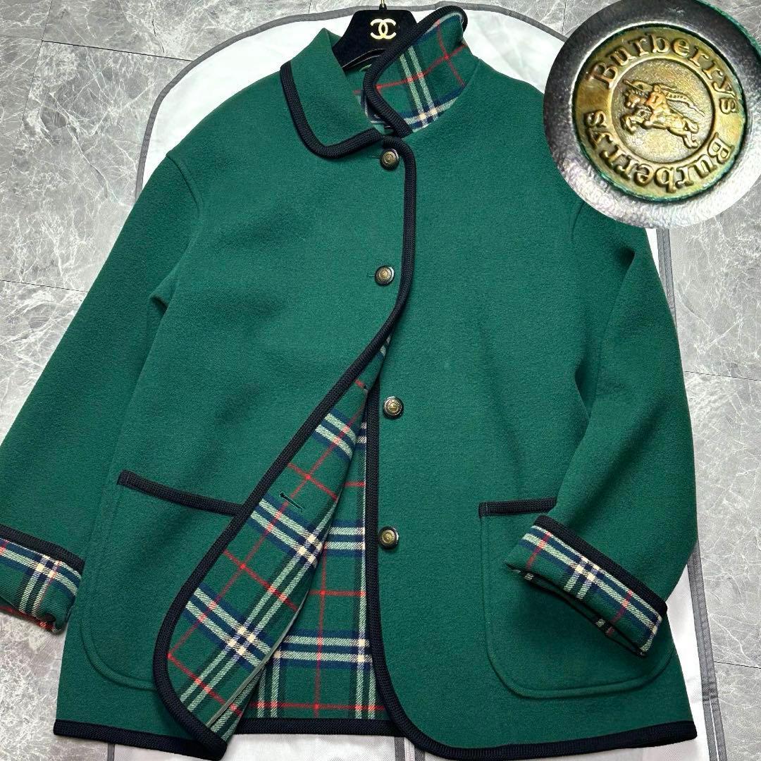 バーバリー♡カシミヤ　ダブルフェイス　コート　金ボタン　ノバチェック グリーン