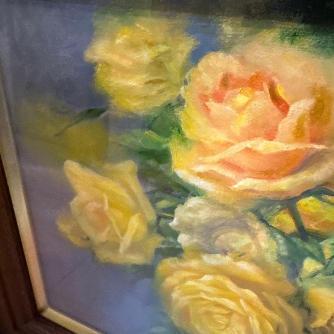 油彩画 原画 額装あり 花の絵 バラ 黄色 静物画 作家サイン入り