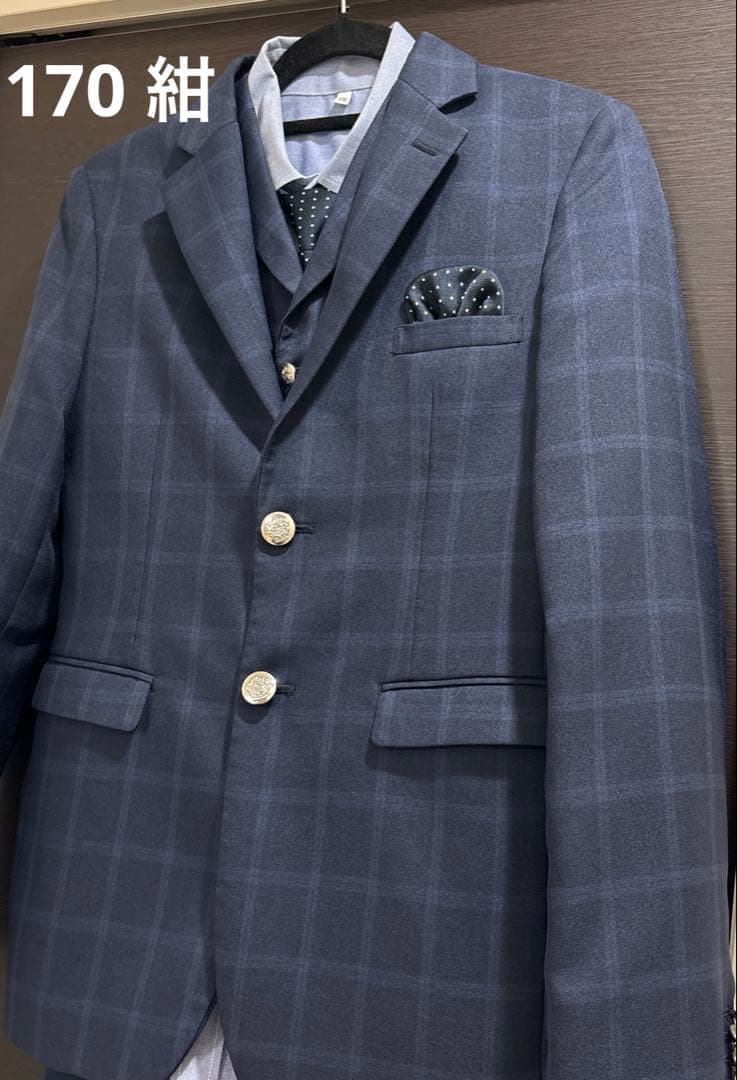 卒業式　男の子　小学生　紺　チェック柄 スーツ　5点セット　水色シャツ