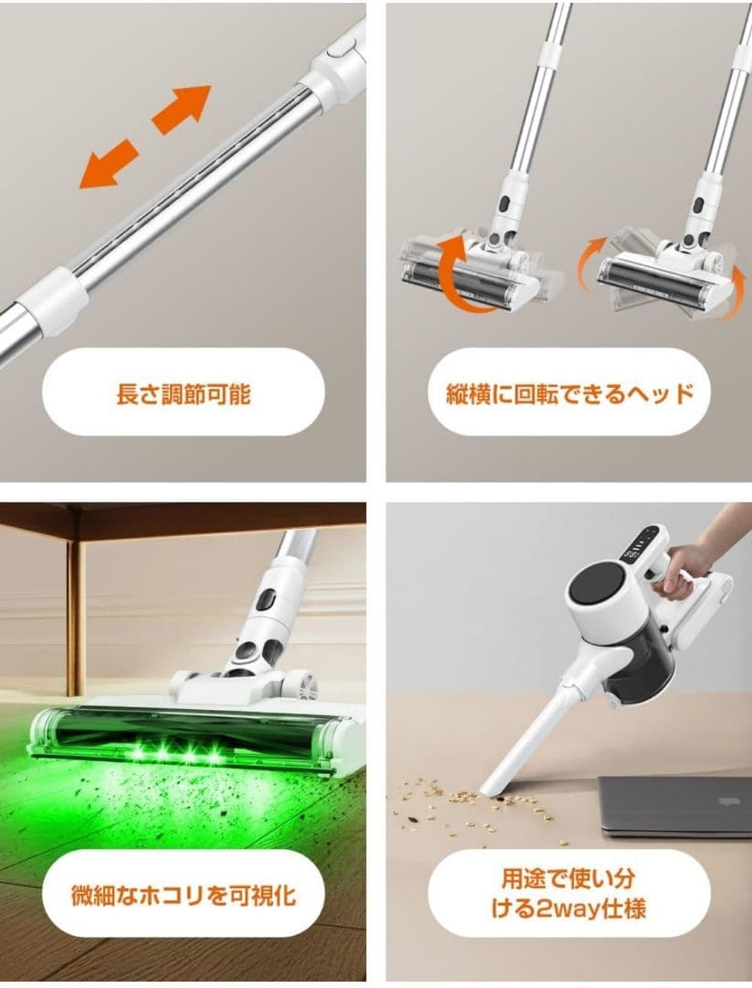 掃除機2025革新モデルグリーンLEDライト付&65KPa超強力吸引&LED液晶