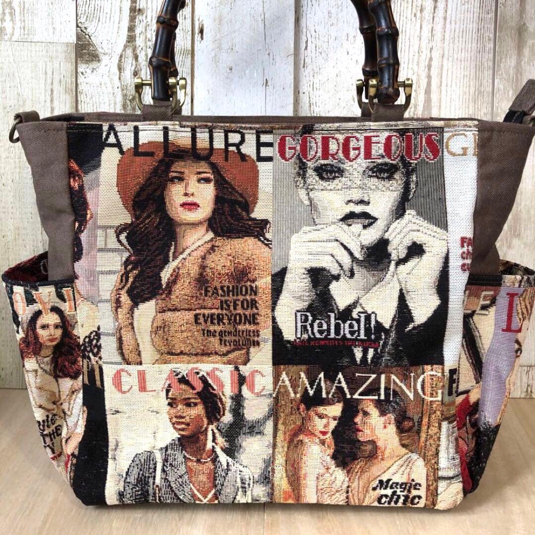 トートバッグ　ハンドメイド　デニムリメイク　ブラウン×ブラック　バンブー【新品】