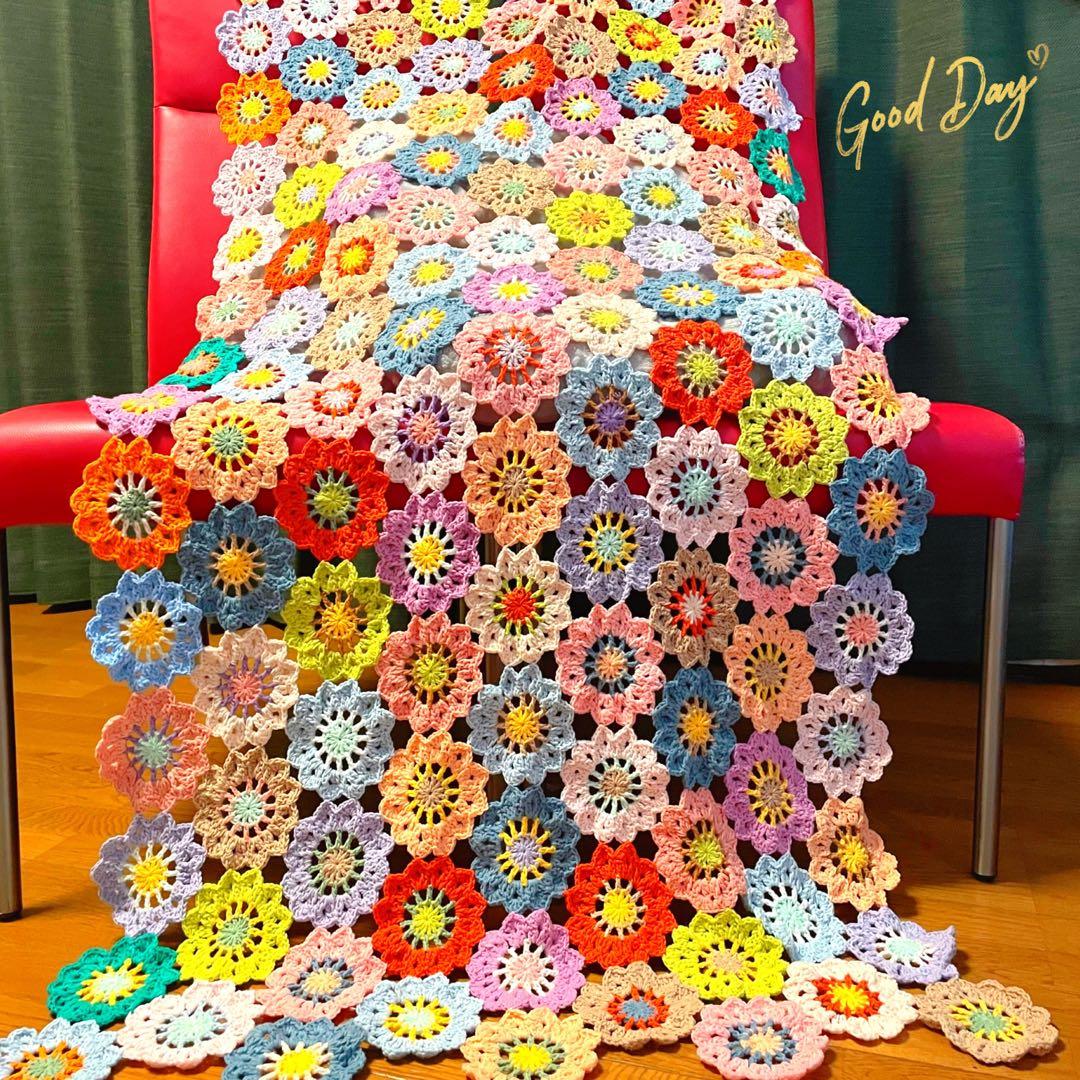 【大判75cm×140cm】春色お花のモチーフ編み♡マルチカバー♡ブランケット