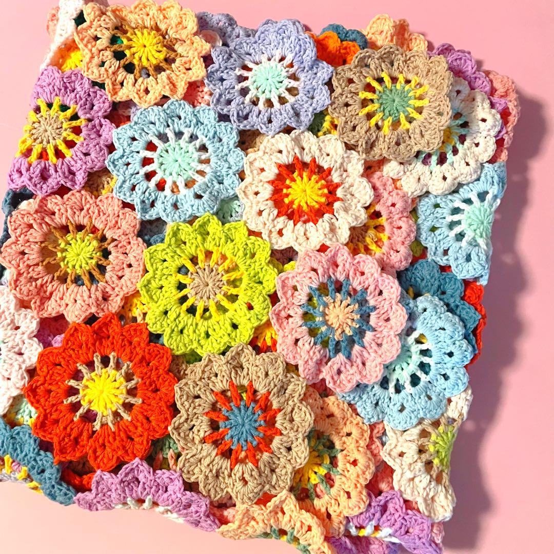 【大判75cm×140cm】春色お花のモチーフ編み♡マルチカバー♡ブランケット
