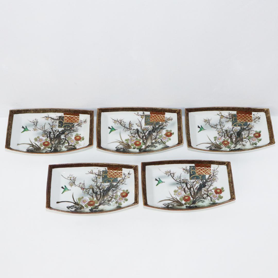 九谷焼 青粒 梅に鶯 刺身皿 角皿　明治九谷　5客