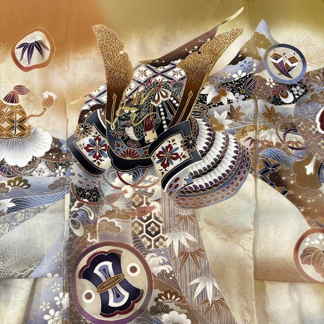 即決価格☆特選豪華刺繍入、大将兜龍、多色友禅古代祝い文、新品正絹産着祝着京友禅染