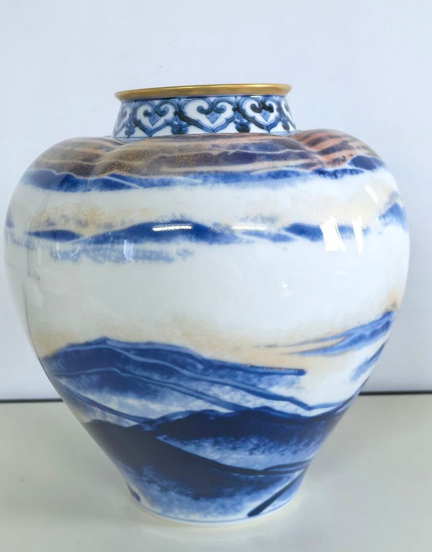 山本長左 作/黎明/藍九谷純金加彩手吉祥文花瓶/花器/華道具/