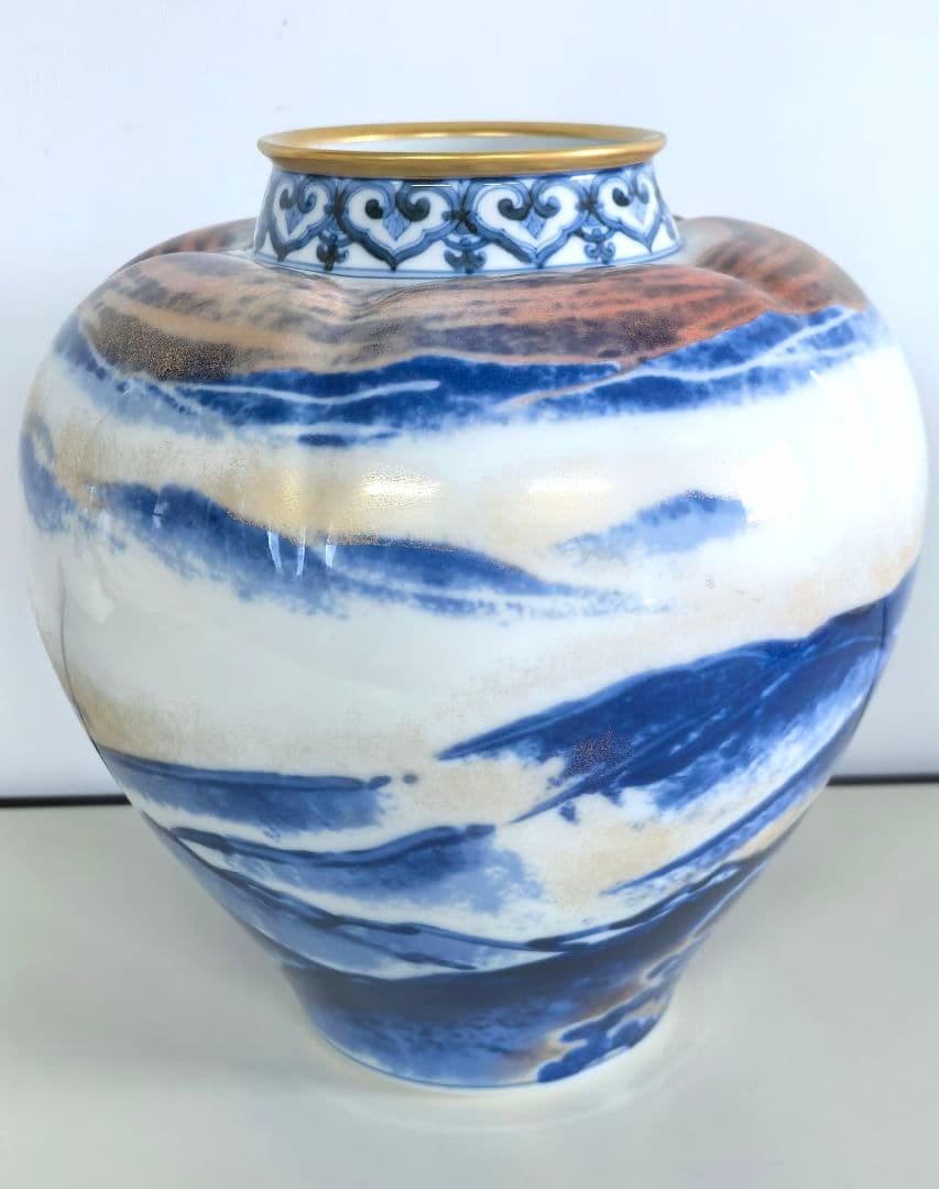 山本長左 作/黎明/藍九谷純金加彩手吉祥文花瓶/花器/華道具/