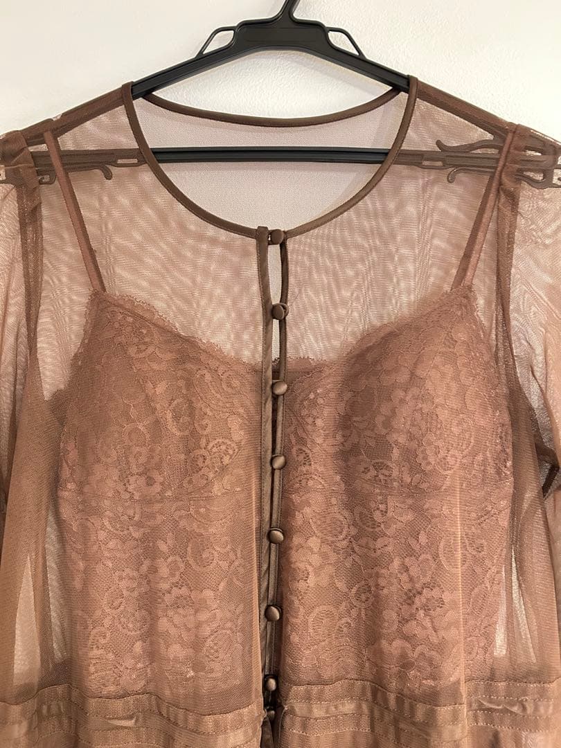 【美品】AMERI ブラウン シースルー袖 ロングドレス