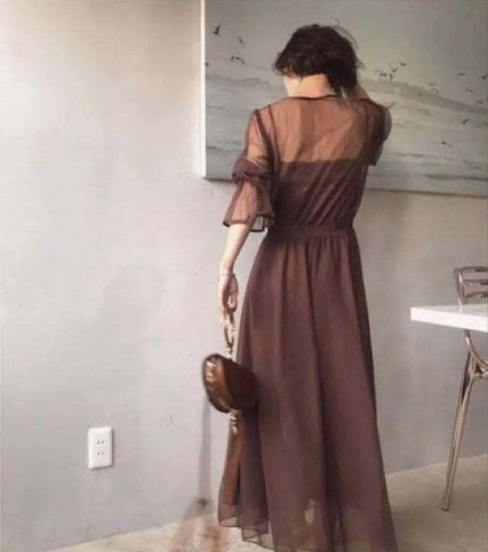 【美品】AMERI ブラウン シースルー袖 ロングドレス