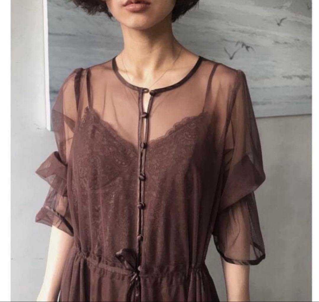 【美品】AMERI ブラウン シースルー袖 ロングドレス