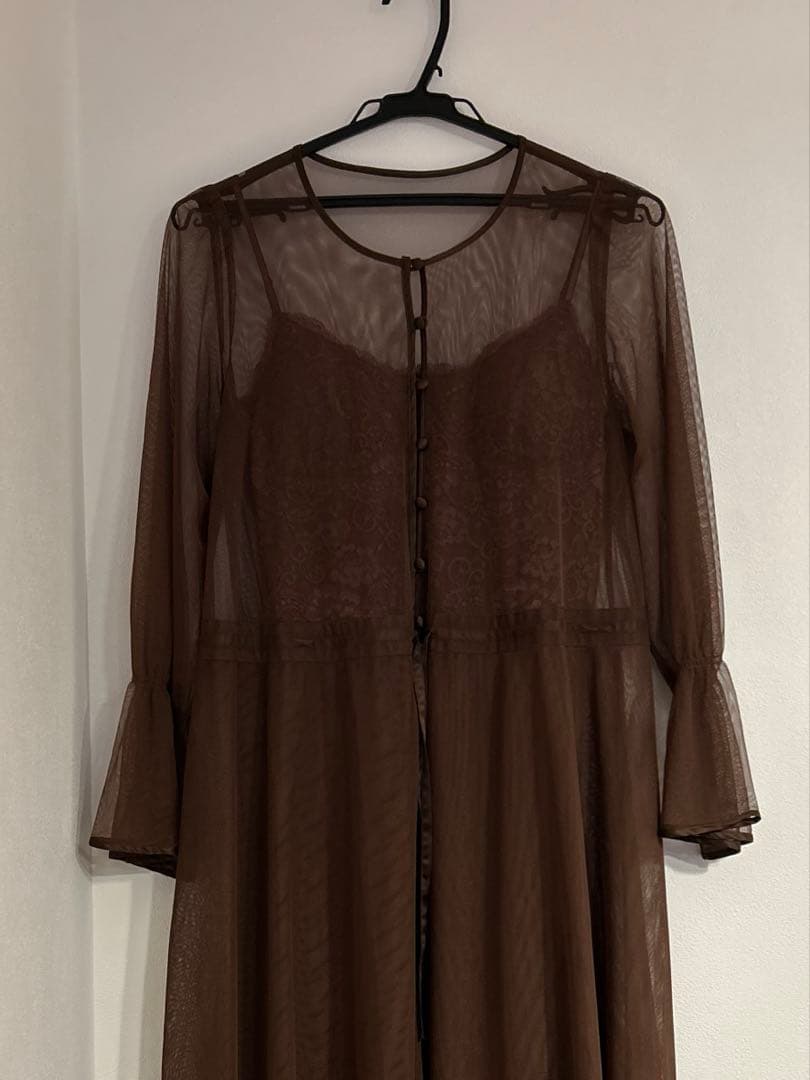 【美品】AMERI ブラウン シースルー袖 ロングドレス