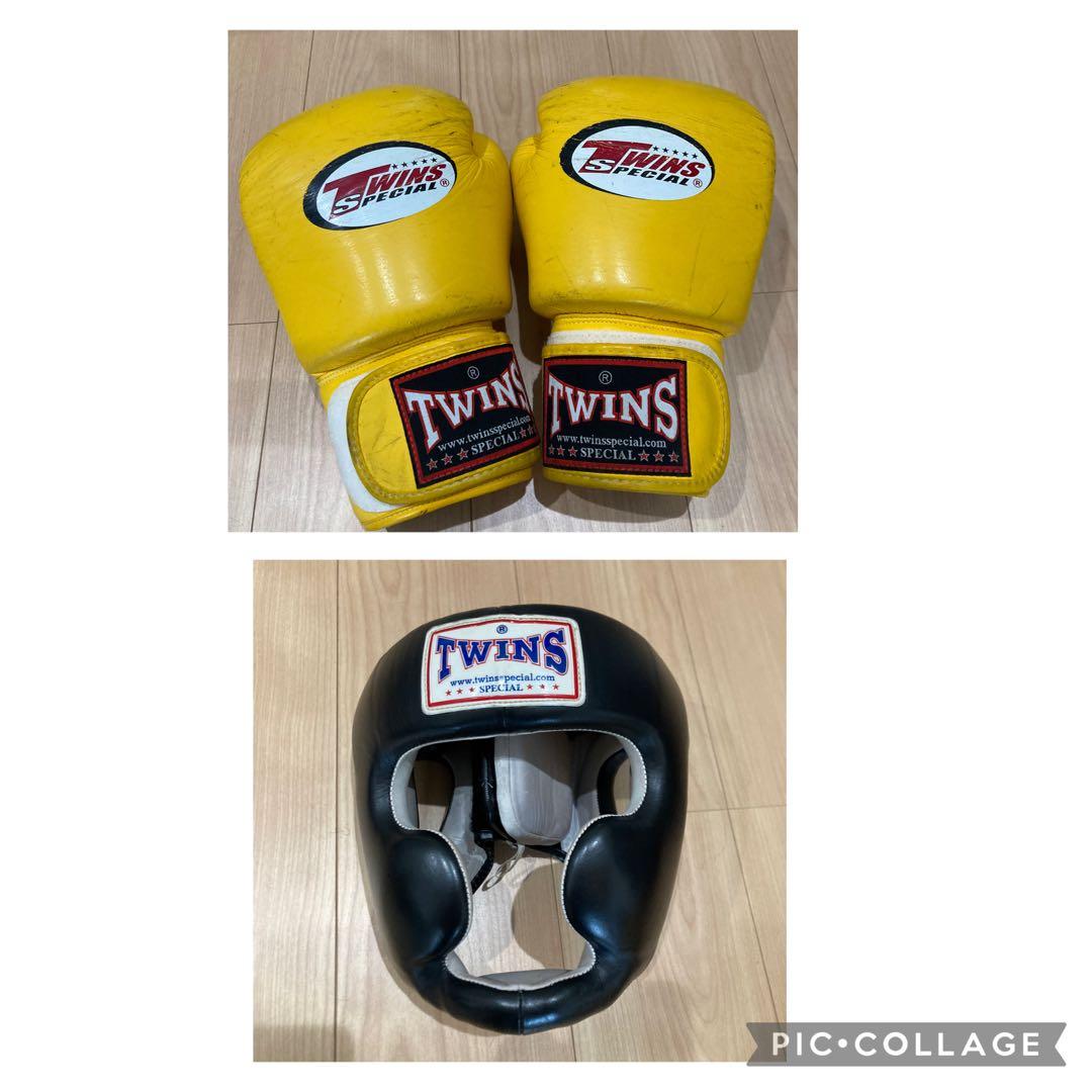 TWINS ヘッドギアMサイズ　グローブ16ozセット イエロー ブラック