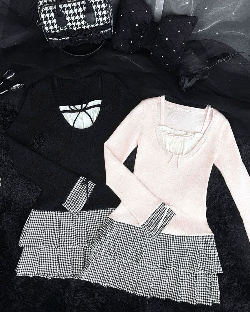 ミシェルマカロン ハニーミュウ 千鳥プリーツドッキングワンピース