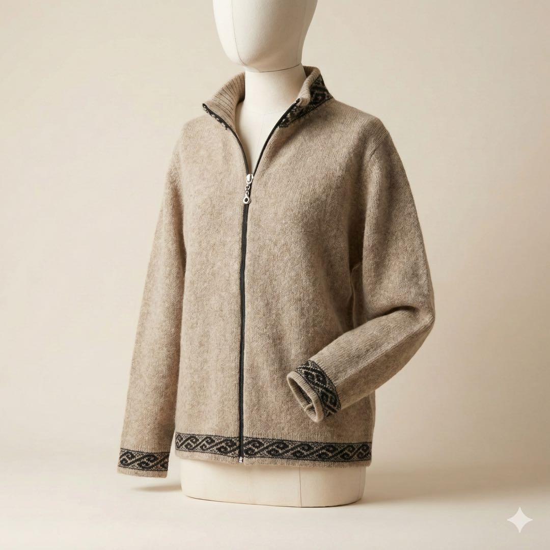 希少 NZ製 ロスロリアン ポッサムメリノウール ニットジャケット S 幾何学柄