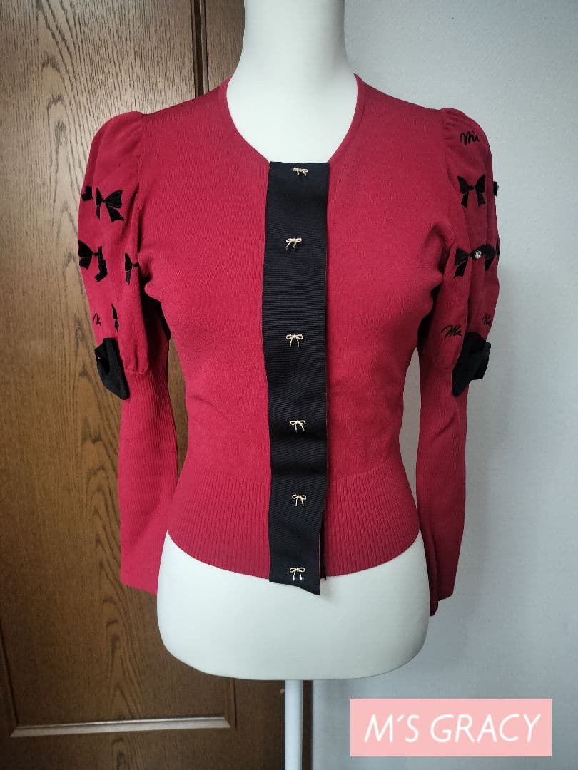 M'S GRACY 赤 リボン刺繍 長袖カーディガンサイズ38