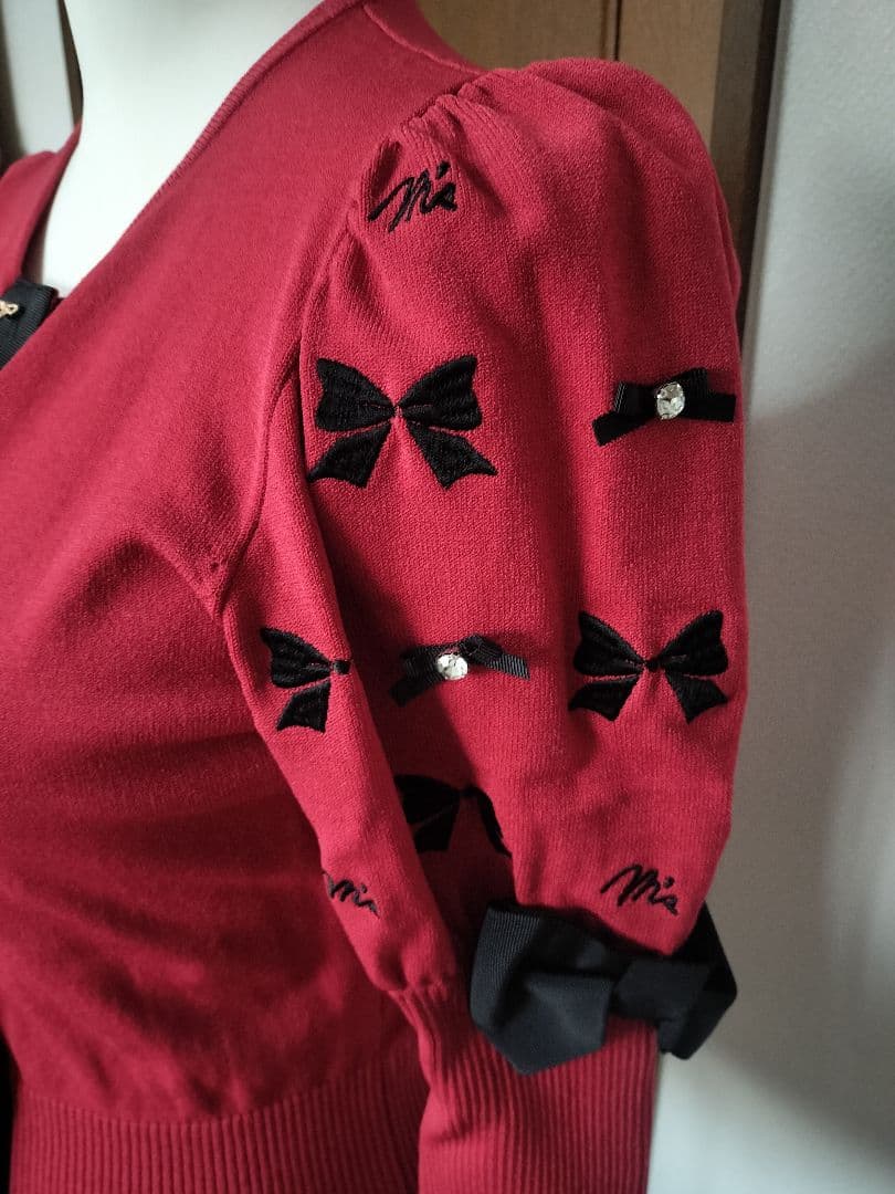 M'S GRACY 赤 リボン刺繍 長袖カーディガンサイズ38