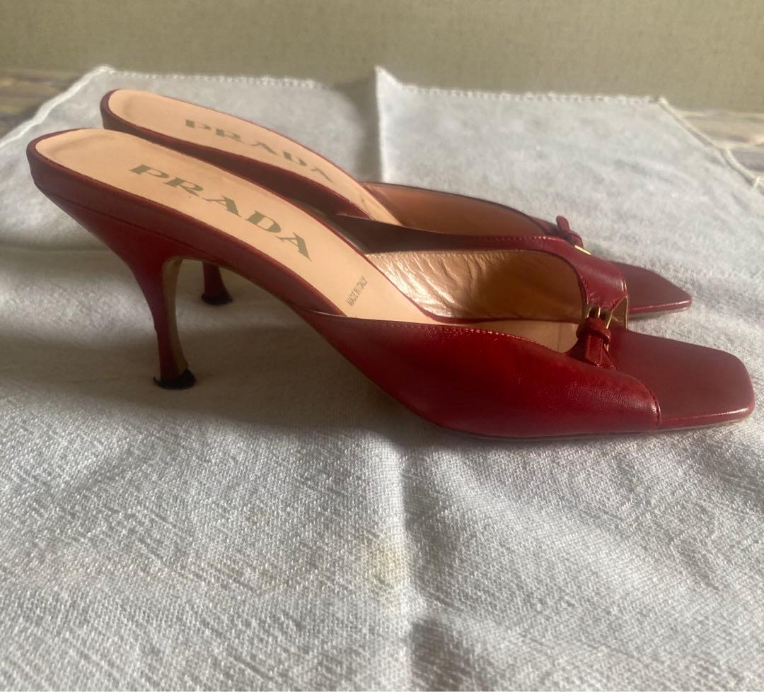 PRADA プラダ　レッド ミュール 高ヒール オープントゥ