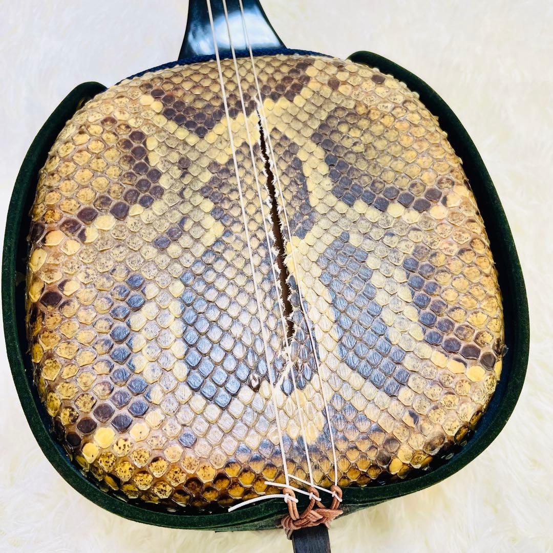 現状品　沖縄三線　蛇皮　ヘビ皮　ケース付き　爪　三味線
