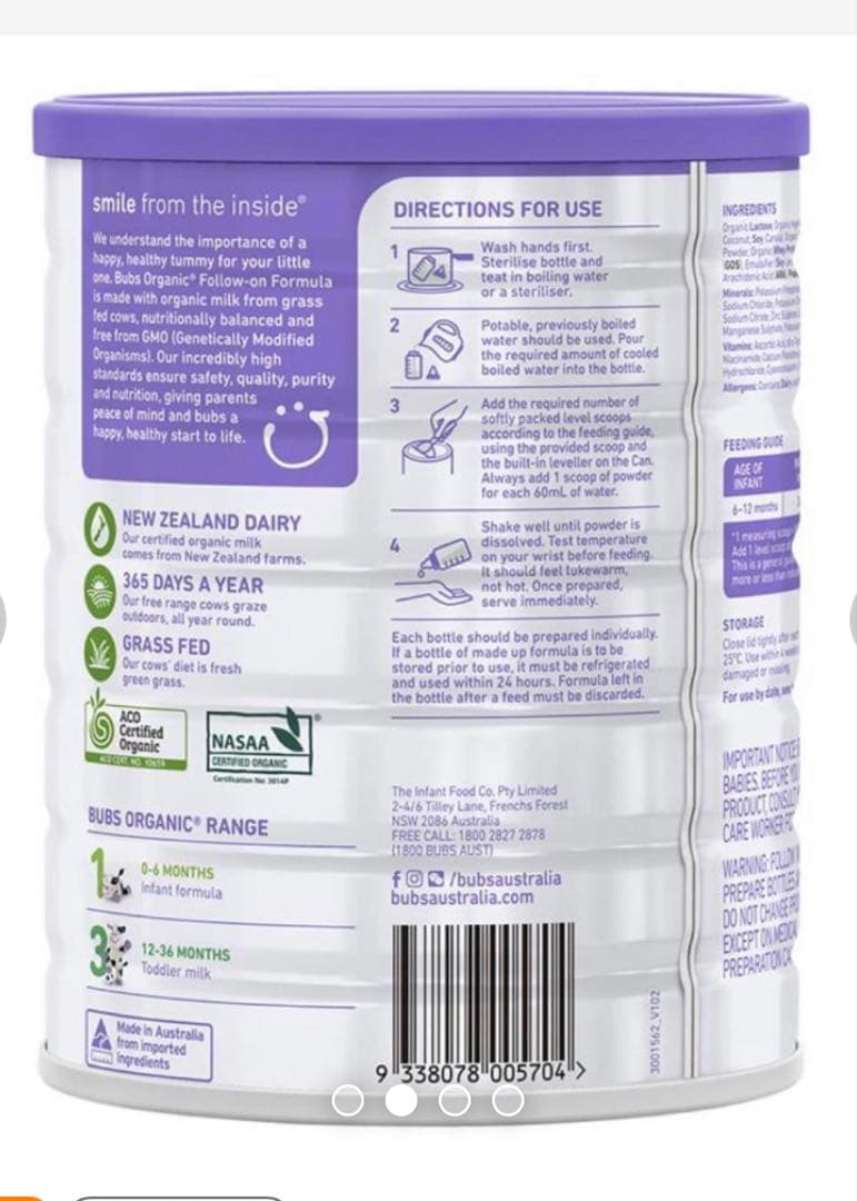 Bubs（バブズ）オーガニック 牛 粉ミルク ステップ2（6～12カ月) 3缶