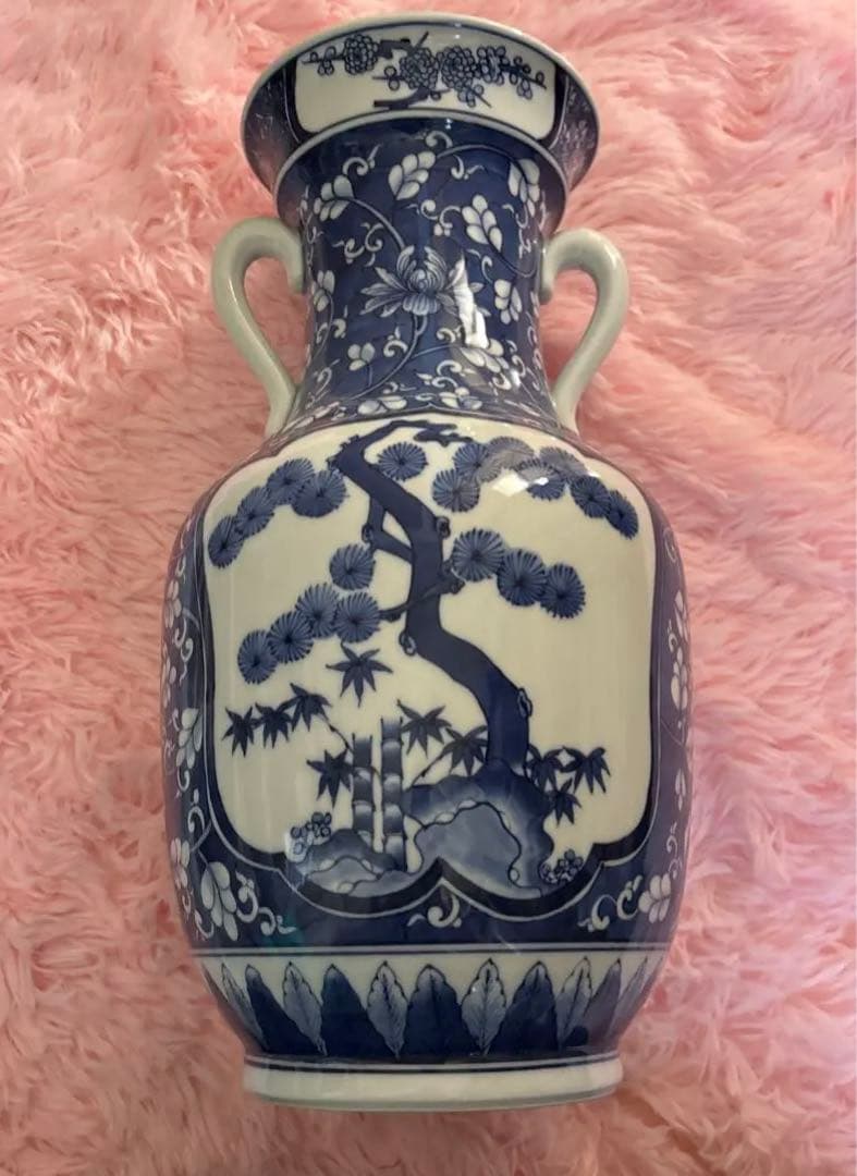 大きい⭕️人気！飾壺　染付　松青　花　花瓶　壺　大壺　古美術品　骨董品　青