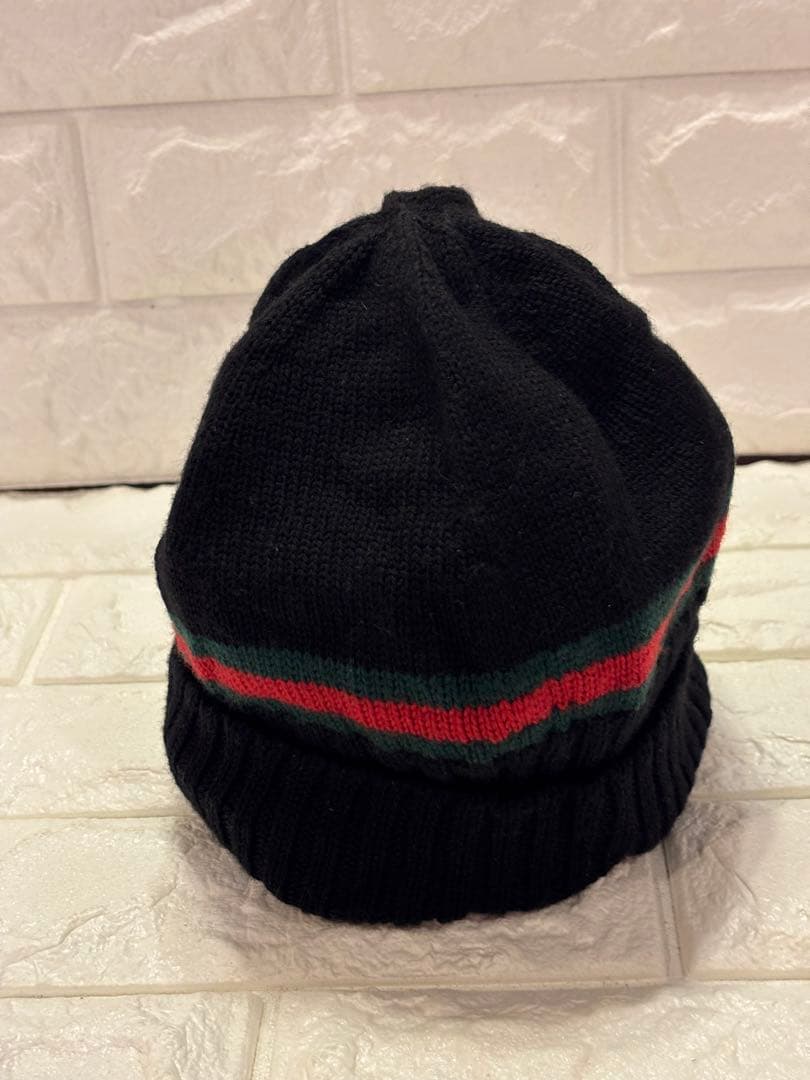 #美品グッチシェリーライン黒ニット帽 ストライプデザインユニセックス#Lサイズ