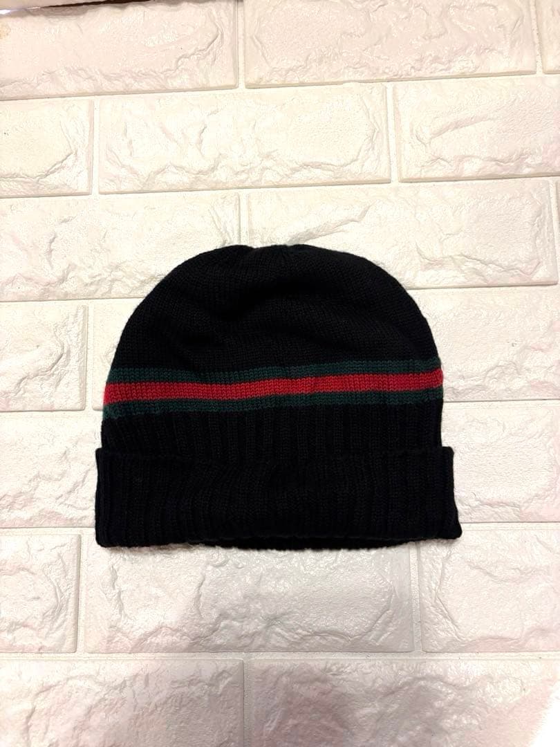 #美品グッチシェリーライン黒ニット帽 ストライプデザインユニセックス#Lサイズ